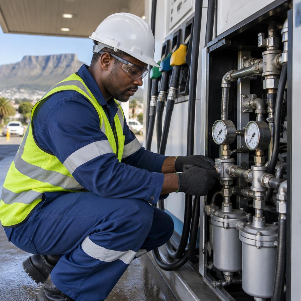 Technician maintaining commercial fuel pump equipment